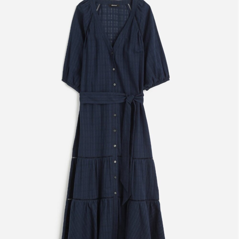 Madewell Tie-Waist Tiered Midi Dress in Windowpane Navy  NEW NS139 Flowy - Picture 3 of 5